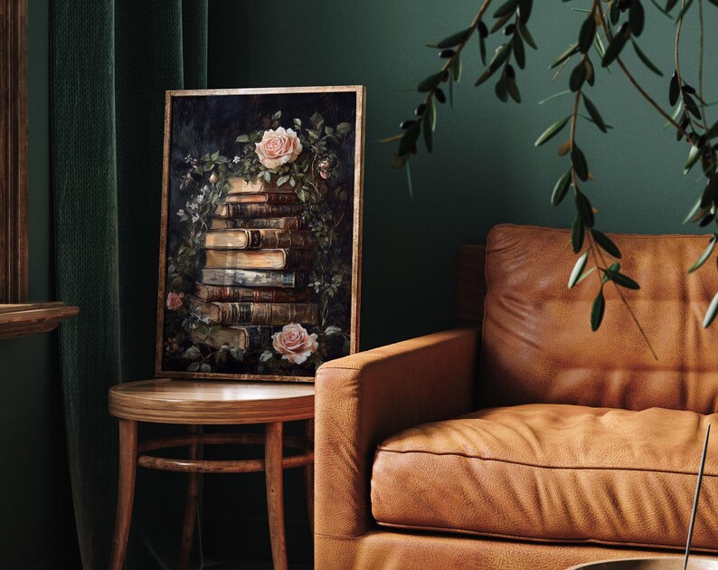 Old Books Print, Dark Academia Art, Cottagecore Wall Art, Vintage Books, Old Books, Wall Art, Vintage Florals, Pink Floral Wall Art image 4