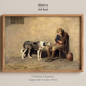 May include: A framed art print featuring a man seated with a dog. The man is wearing a brown coat and boots, with a blue scarf. The dog is black and white. The print is in a wooden frame. Text on the print reads "North Studio Art Print" and "Timeless Elegance, Captured in Every Print."