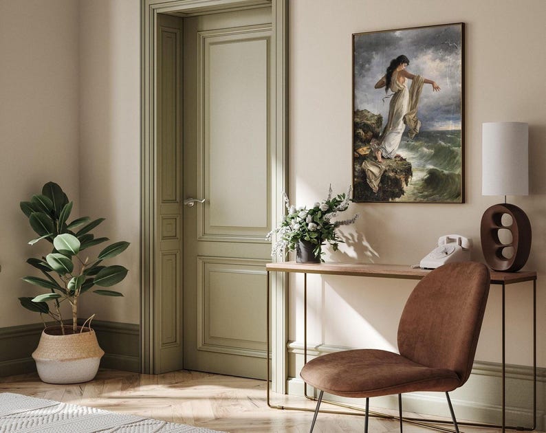 a serene and elegant living room with a large painting of a woman on the wall, a wooden console table with a telephone, a potted plant, and a brown chair.