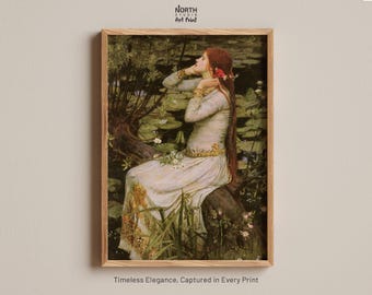 May include: A framed art print featuring a painting of a person with long red hair wearing a light-colored gown, seated by a pond with water lilies. The text at the top reads North Studio Art Print and at the bottom Timeless Elegance, Captured in Every Print.
