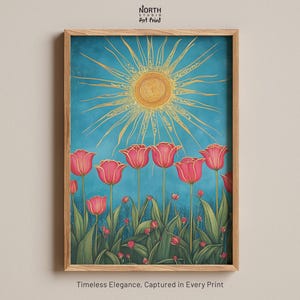 Tulpen und Sonnendruck, goldener Sonnenschein und rosa Tulpenfelddruck, Helle botanische Blumenwandkunst, fröhliche Frühlingsblumenillustration
