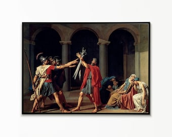 May include: A framed oil painting depicting a classical scene with three men in armor reaching toward a central figure in a red cloak who holds three swords aloft. To the right, three seated women in draped garments appear in distress.