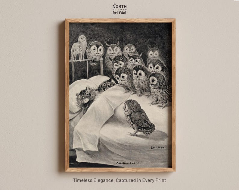 Cat's Nightmare de Louis Wain, impression Cat's Nightmare, art animalier vintage, art hibou et chat, art animalier surréaliste, décoration murale 1907 image 1