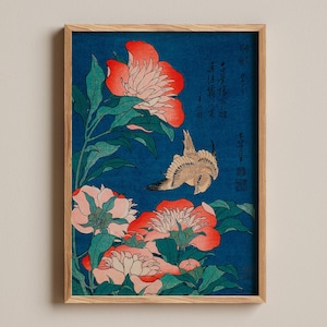 Peonies and canary print, Japanese floral art, Hokusai bird poster, Ukiyo-e botanical wall decor, Vintage nature artwork