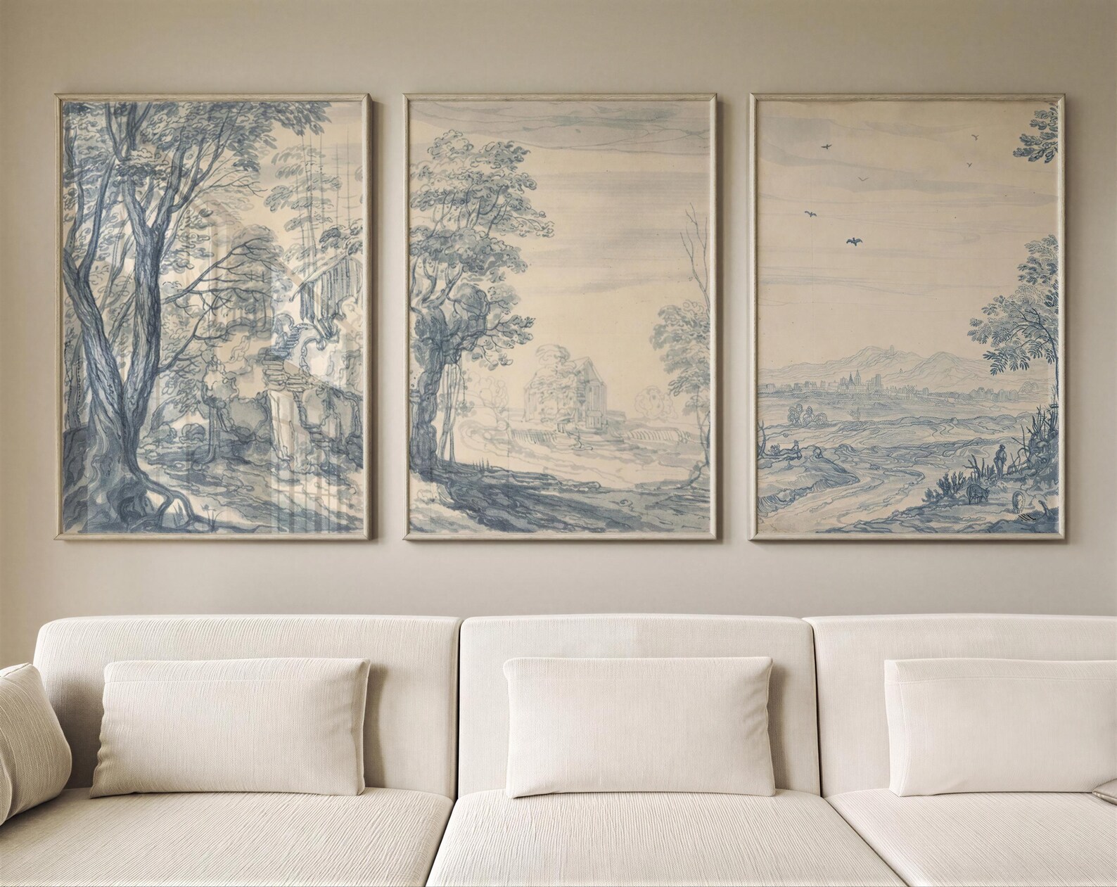 Blue Willow Wall Art Set of 3 Vintage Landscape Prints, Classic ...