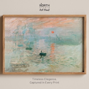 Könnte beinhalten: Ein gerahmter Kunstdruck einer Hafenszene bei Sonnenuntergang. Das Gemälde zeigt eine Palette aus Blau-, Grün- und Orangetönen, mit Booten und Strukturen, die sich vor dem Himmel abzeichnen. Der Text "North Studio Art Print" steht oben und "Timeless Elegance, Captured in Every Print" unten.