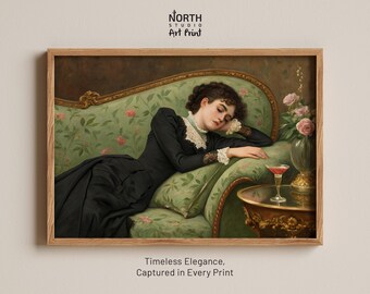 May include: A framed art print featuring a painting of a person in a black dress with lace cuffs resting on a green floral sofa. A glass of red liquid sits on a small gold table next to a vase of pink roses. Text reads NORTH STUDIO ART PRINT.
