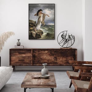 a living room with a large painting of a woman on the wall, a wooden cabinet, a white sofa, and a wooden coffee table.