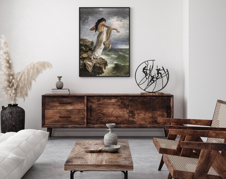 a living room with a large painting of a woman on the wall, a wooden cabinet, a white sofa, and a wooden coffee table.