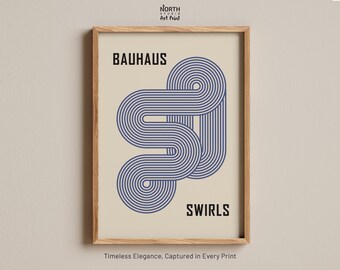 Bauhaus Swirls print, Abstract blue swirl art, Minimalist modernist lines, Retro geometric print, Bold blue and cream bauhaus decor