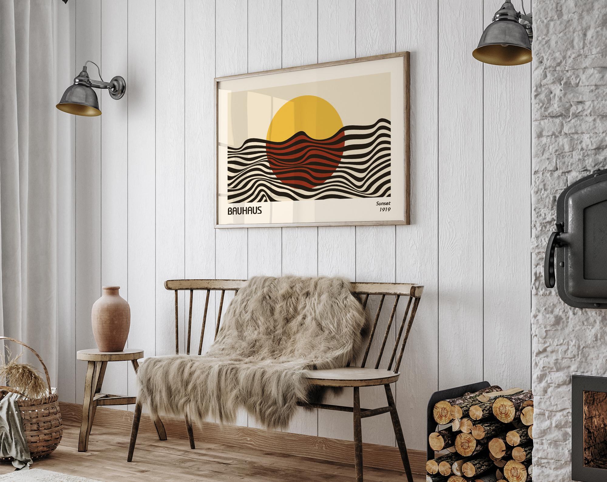 Bauhaus Sunset 1919 Print, Abstract Sun and Ocean Waves, Yellow