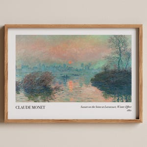 Claude Monet Sonnenuntergang an der Seine Druck, Winterlandschaft, impressionistische Malerei, Pastell Himmel Reflexionsmalerei, Monet Winter Effekt