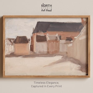 May include: A painting depicting a row of houses in a muted colour palette. The houses are painted in shades of brown, beige, and white. The painting has a soft, dreamy feel.