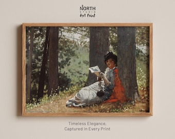 May include: A framed art print featuring a painting of a person in a light-coloured dress and a dark hat sitting against a tree in a forest, reading a white paper. The text NORTH STUDIO ART PRINT appears at the top, and Timeless Elegance, Captured in Every Print at the bottom.