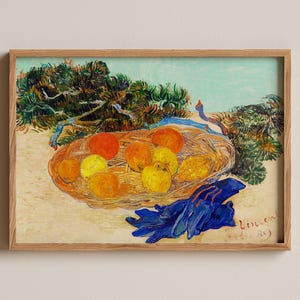 Stampa di arance e limoni con guanti blu, arredamento rustico per cucina, stampa senza tempo di Van Gogh, regalo per gli amanti dell'arte, toni arancioni e gialli brillanti