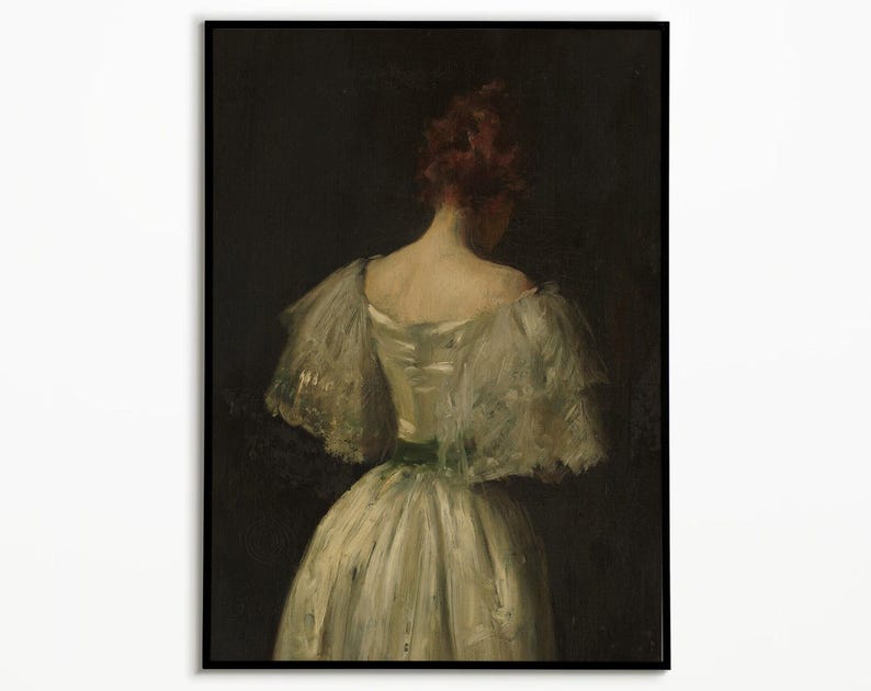 Plakat z portretem kobiety w stylu vintage, biała sukienka, dekoracja ścienna, styl vintage, dekoracja ścienna, sztuka nostalgiczna, antyczny portret, prezent w postaci wydruku artystycznego zdjęcie 1