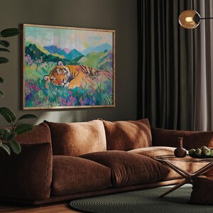 Estampado de tigre durmiendo, estampado de vida silvestre, arte colorido, decoración de la jungla, póster de animales, arte mural de la naturaleza, estampado vibrante, vida silvestre moderna imagen 4