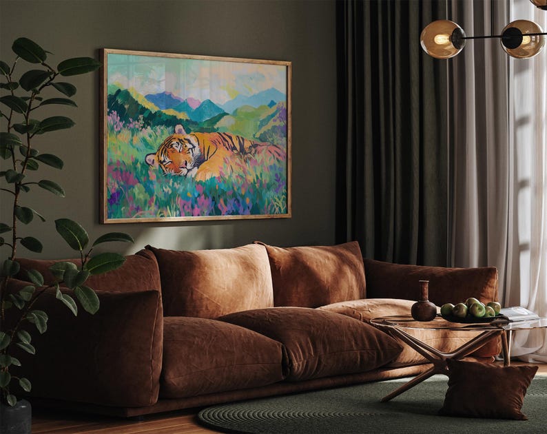 Estampado de tigre durmiendo, estampado de vida silvestre, arte colorido, decoración de la jungla, póster de animales, arte mural de la naturaleza, estampado vibrante, vida silvestre moderna imagen 4