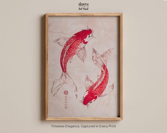 Koi Fish Art Print, Japanese Aesthetic Wall Art, Trendy Red Koi Poster,  Vintage Japanese Print, Stylish Fish Artwork, Printable Wall Decor