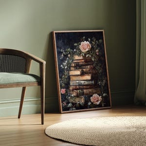 Old Books Print, Dark Academia Art, Cottagecore Wall Art, Vintage Books, Old Books, Wall Art, Vintage Florals, Pink Floral Wall Art image 6