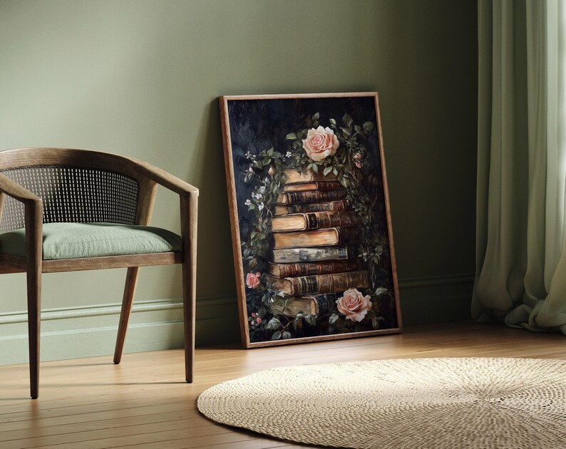 Old Books Print, Dark Academia Art, Cottagecore Wall Art, Vintage Books, Old Books, Wall Art, Vintage Florals, Pink Floral Wall Art image 6