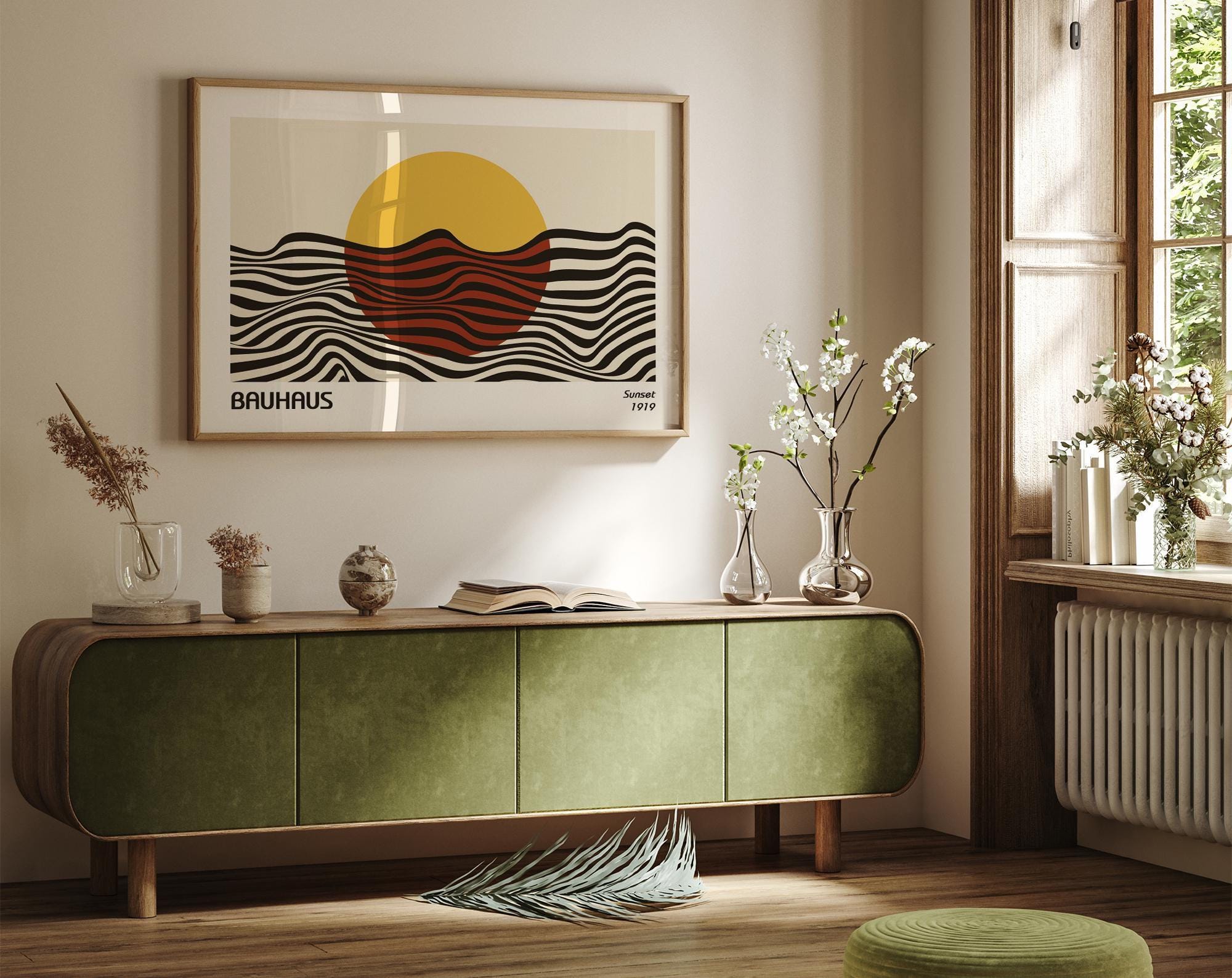 Bauhaus Sunset 1919 Print, Abstract Sun and Ocean Waves, Yellow