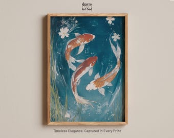 Koi Fish In The Pond Print, Japanese Vintage Art, Japanese Pond Print, Vintage Japanese, Asian Decor, Koi Decor