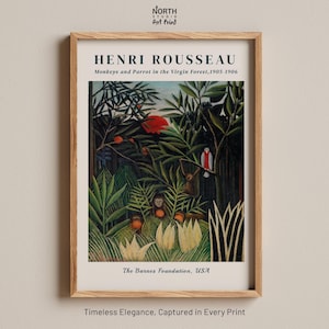 May include: A framed art print of Henri Rousseau's "Monkeys and Parrot in the Virgin Forest, 1905-1906." The artwork features a lush jungle scene with monkeys, a parrot, and vibrant foliage. The print is in a wooden frame and includes the text "The Barnes Foundation, USA."