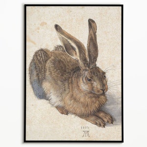 May include: A detailed pencil drawing of a brown hare, lying on its side with its head turned to the right. The hare's fur is depicted with great realism, showing individual hairs. The drawing is dated "1502" in the lower right corner.