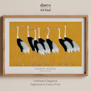 Red crown crane print, Japanese bird art, Ogata Korin painting, Vintage crane print, Traditional gold screen artwork