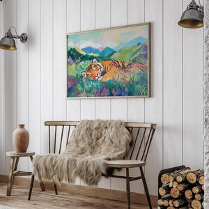 Estampado de tigre durmiendo, estampado de vida silvestre, arte colorido, decoración de la jungla, póster de animales, arte mural de la naturaleza, estampado vibrante, vida silvestre moderna imagen 6