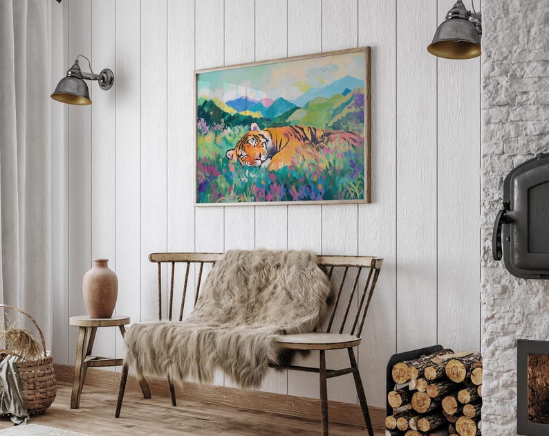 Estampado de tigre durmiendo, estampado de vida silvestre, arte colorido, decoración de la jungla, póster de animales, arte mural de la naturaleza, estampado vibrante, vida silvestre moderna imagen 6
