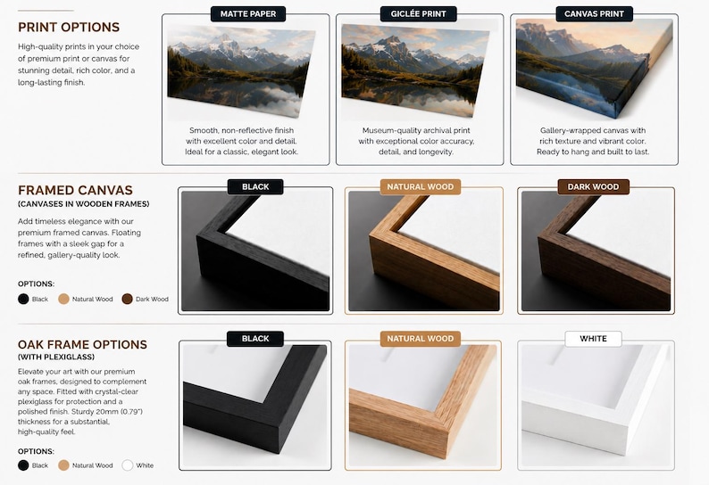 a collection of framed artwork options, including print options, framed canvas options, and frame options. The options are presented in a grid format, with each option described in detail, such as the type of paper, the frame material, and the color. The image does not contain any redundancy or vague descriptions, and it focuses on providing specific information about each option without making generalizations.