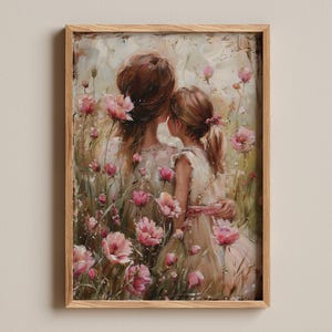 Stampa madre e figlia, opera d'arte sentimentale sulla famiglia, dipinto sull'amore materno, belle arti sul legame tenero, stampa sul momento affettuoso