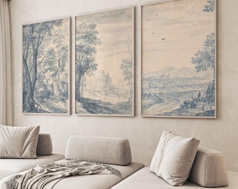 Blue Willow Wall Art Set of 3  Vintage Landscape Prints, Classic Chinoiserie Decor, Elegant Botanical Artwork, Traditional Nature Poster