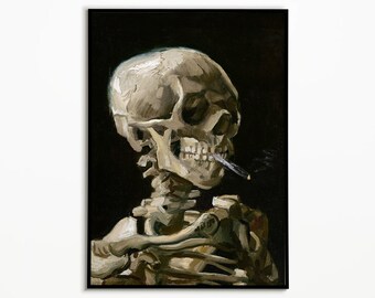 May include: An oil painting depicting a human skull and upper torso against a solid black background. The skull is rendered in shades of off-white, beige, and gray, with a lit cigarette held between the teeth, emitting a thin wisp of smoke.