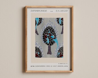 May include: A framed art print titled SAMARKANDE PAR E.A SEGUY featuring a repeating pattern of stylised black and blue birds perched on dark, textured tree-like shapes against a light grey background, all set within a light wood frame.