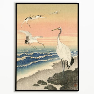 Gru sulla riva del mare, Ohara Koson, arte giapponese, stampa vintage, arte degli uccelli, stampa di gru, arte della riva del mare, arte della fauna selvatica
