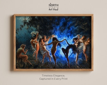 Blue Fire Dance Print, Mythical Dark Academia, Witchy Forest Wall Art, Enchanted Women Dancing, Dark Feminine Art, Blue Flame Wall Decor