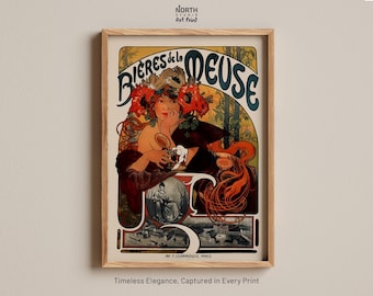 Bières de la Meuse by Alphonse Mucha Print, Vintage French Beer Poster, Art Nouveau Wall Art, Antique Advertising Art, Belle Epoque Decor