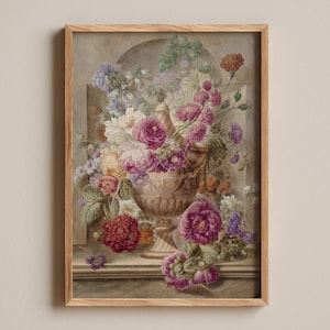 May include: A framed vintage botanical print featuring a vase filled with pink, purple, and white flowers. The vase is decorated with intricate details and sits on a stone ledge.