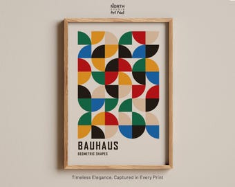 Stampa con forme geometriche Bauhaus, arte astratta Bauhaus colorata, motivo a colori primari, design vibrante di metà secolo, decorazione murale geometrica audace