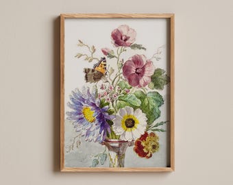 Blumenstrauß mit Schmetterlingsdruck, Blumenaquarell von William van Leen, Naturinspiriertes Wohndekor, klassische Stilllebenmalerei