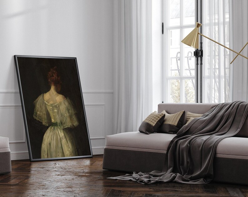 Plakat z portretem kobiety w stylu vintage, biała sukienka, dekoracja ścienna, styl vintage, dekoracja ścienna, sztuka nostalgiczna, antyczny portret, prezent w postaci wydruku artystycznego zdjęcie 3