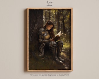 Lady Knight Reading Poster, Dark Academia Wall Art, Fantasy Wall Art, Woman Knight Print, Bookish Knight Gift, Book Lover Gift