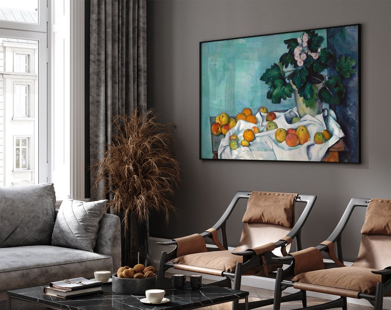 a living room filled with furniture and a painting on the wall