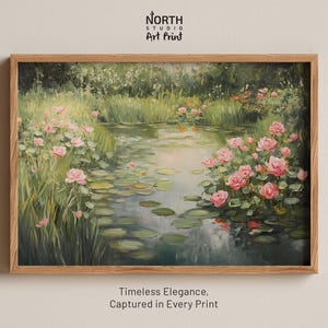 Vintage Garden Pond Print, Botanical Landscape, Impressionist Nature Art, Elegant Sage Green Wall Decor