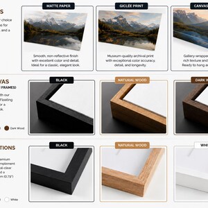 a collection of framed artwork options, including print options, framed canvas options, and frame options. The options are presented in a grid format, with each option described in detail, such as the type of paper, the frame material, and the color. The image does not contain any redundancy or vague descriptions, and it focuses on providing specific information about each option without making generalizations.