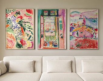 Henri Matisse Set of 3 - Woman Beside the Water, View Of Collioure, Open Window, Colorful Abstract Art Prints for Living Room, Modern Decor