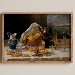 Stillebentryck för lunch, John F. Francis, Klassisk stillebenmålning, Vintage illustration av frukt och vin, Antik köksinredning